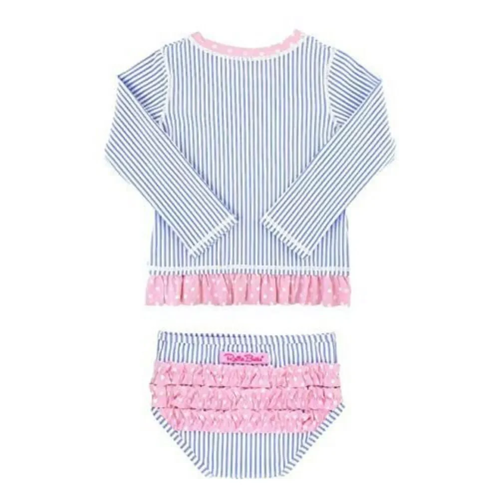RuffleButts Toddler Girls Periwinkle Seersucker Long Sleeve Rash Guard Bikini Si